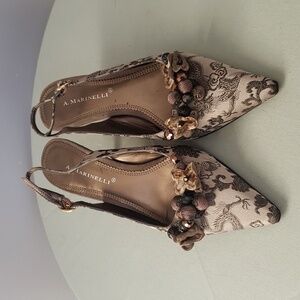 A. Marinelli Beige and Brown Floral Embellished Slingback Heels